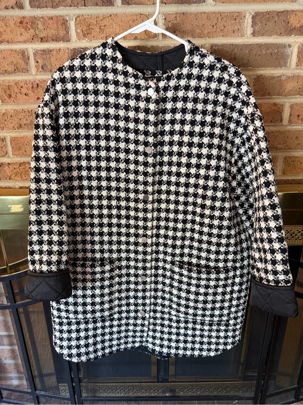 Zara Black and White Houndstooth Collarless Coat